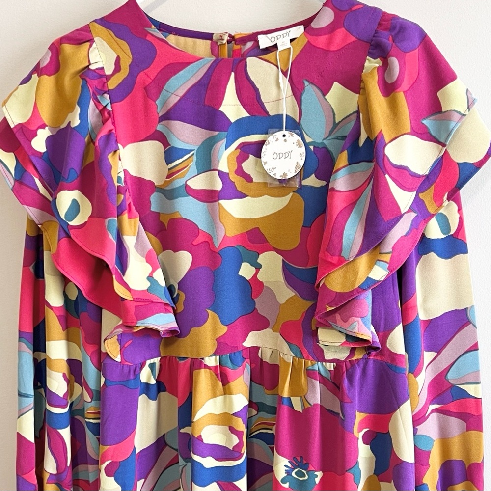 NWT ODDY Abstract Vibrant Floral Ruffle Long Sleeve Mini Dress - Picture 3 of 6